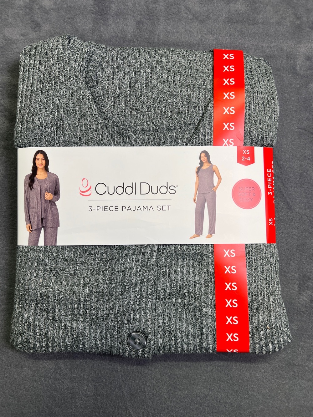 Cuddl Duds Heather Gray Ribbed 3-Piece Pajama Set